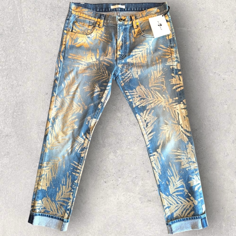 7 For All Mankind Cropped Relaxed Skinny Jeans Gold Leaf Print (Sample) NWT - Picture 2 of 11